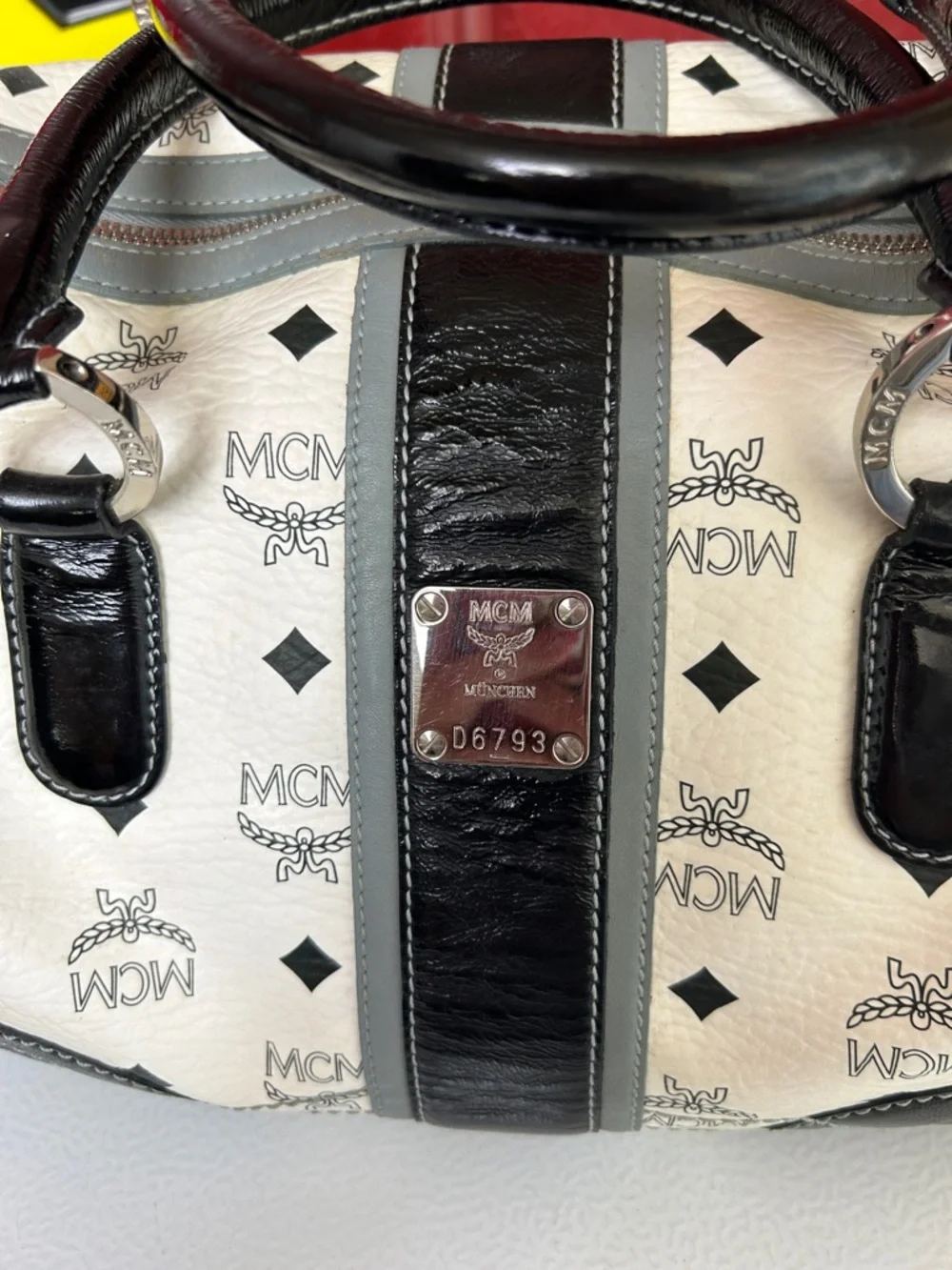 MCM White & Black Visetos Bowling Satchel - Picture 2 of 12